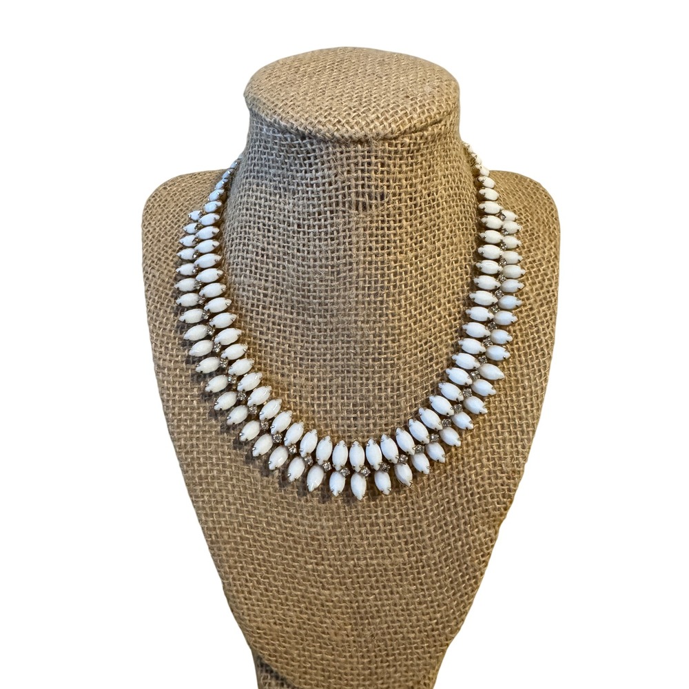 Vintage Kramer of NY Signed White Milk Glass Rhinestone 50s Bib Choker Necklace